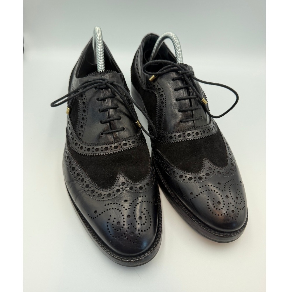 Lethato Men's Black Leather Suede Wingtip Brogue Oxford Dress Shoes Sz 9.5/10